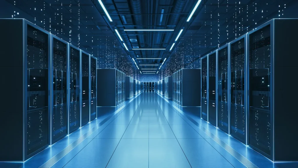 Blue-lit data center server aisles with rows of racks and overhead cooling infrastructure