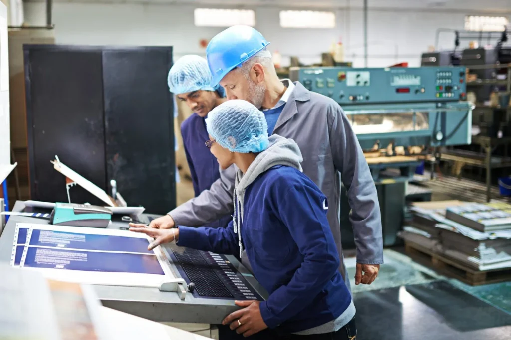 Manufacturing workers reviewing a control console beside production equipment