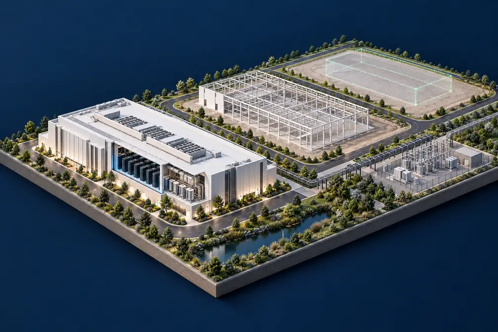 Conceptual data center campus with a completed building, a future building frame, reserved expansion land, and shared infrastructure along the perimeter.