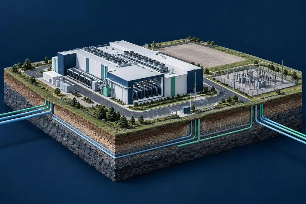 Conceptual data center model with visible server racks, cooling equipment, an electrical substation, and utility routes beneath a cutaway land parcel.