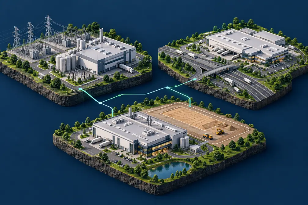 Conceptual illustration of three manufacturing locations showing utility, logistics and expansion differences.