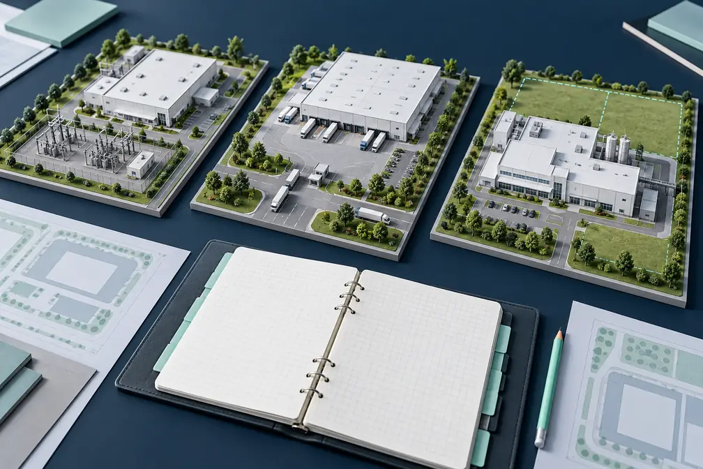 Conceptual planning scene comparing three manufacturing site models with utility, logistics and expansion features.