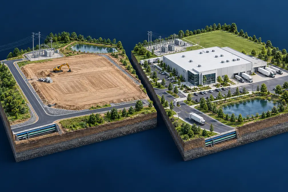 Conceptual illustration comparing a prepared industrial parcel with a manufacturing campus supported by utilities, logistics and expansion land.
