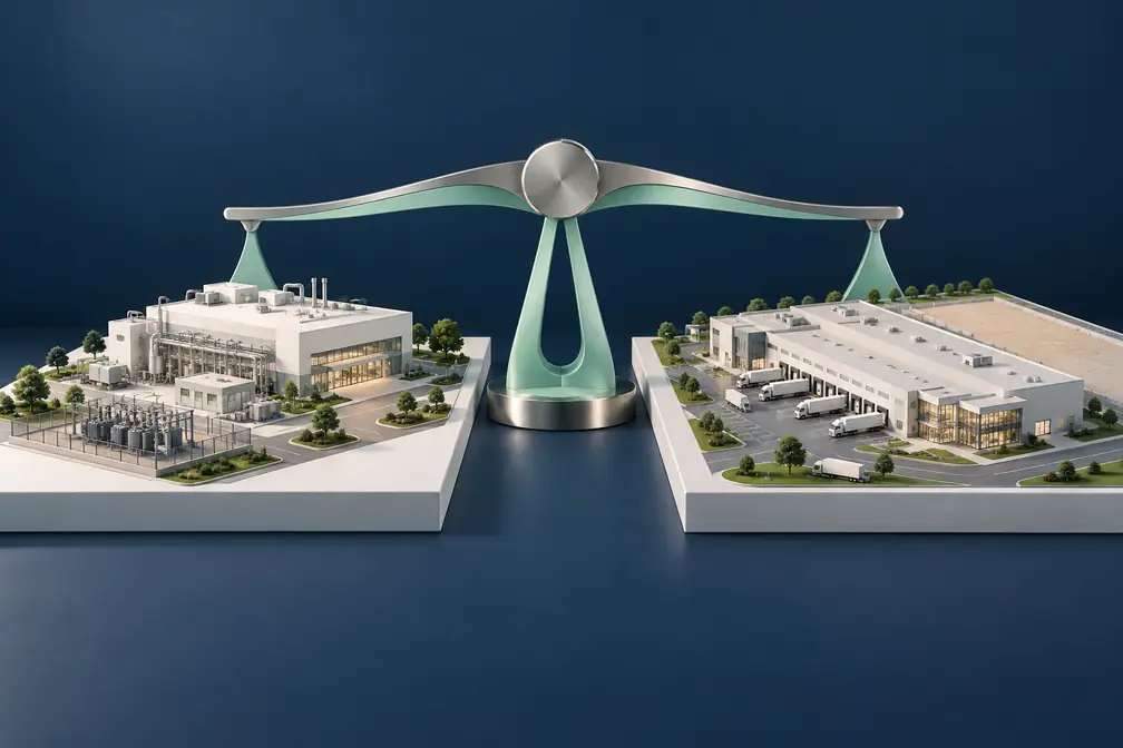 Conceptual balance sculpture between manufacturing and logistics site models, representing the evaluation of location tradeoffs.