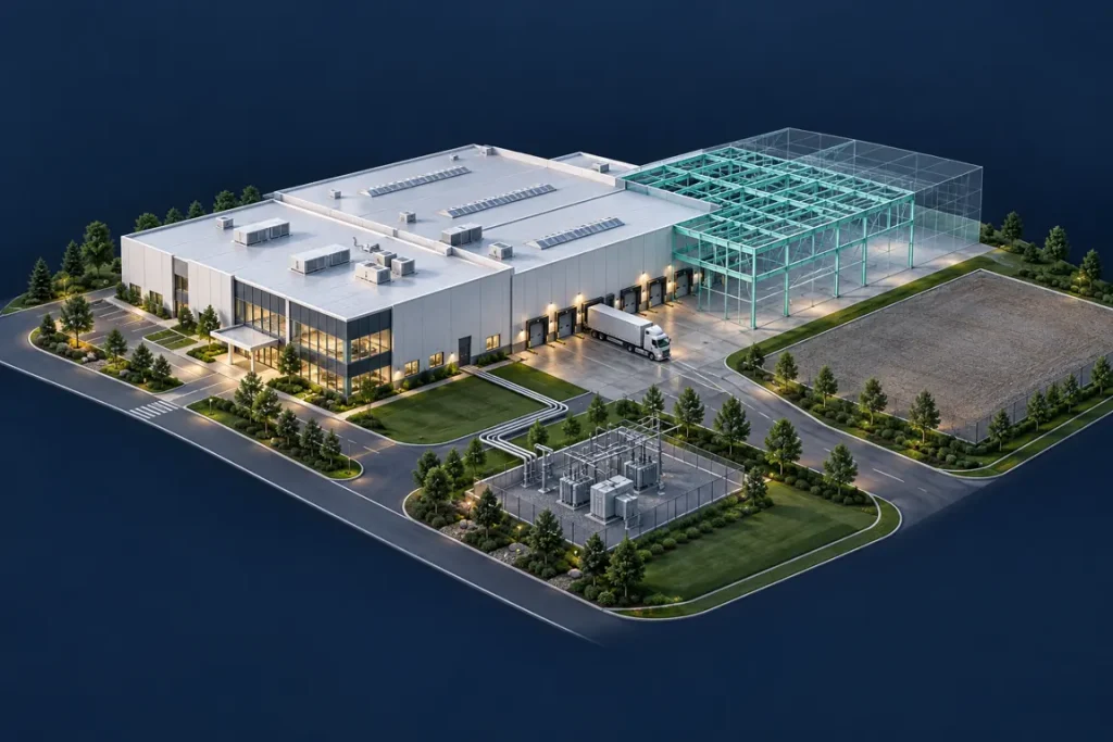 Conceptual isometric manufacturing campus with an existing factory, new expansion wing, utility infrastructure, freight access and space for future growth.