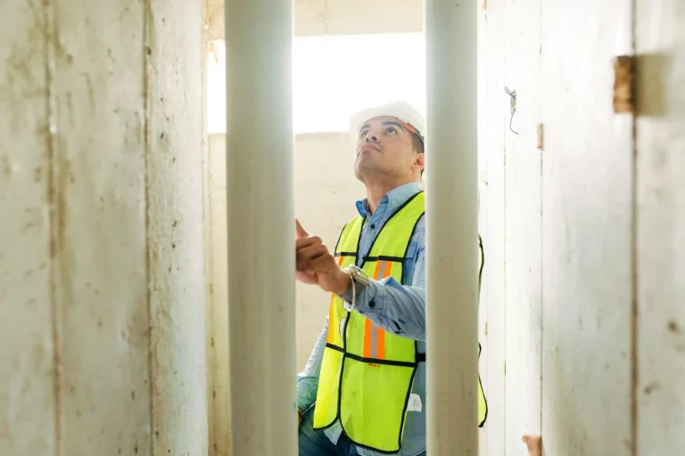 A person wearing a hard hat and safety vest inspects an unfinished building interior.