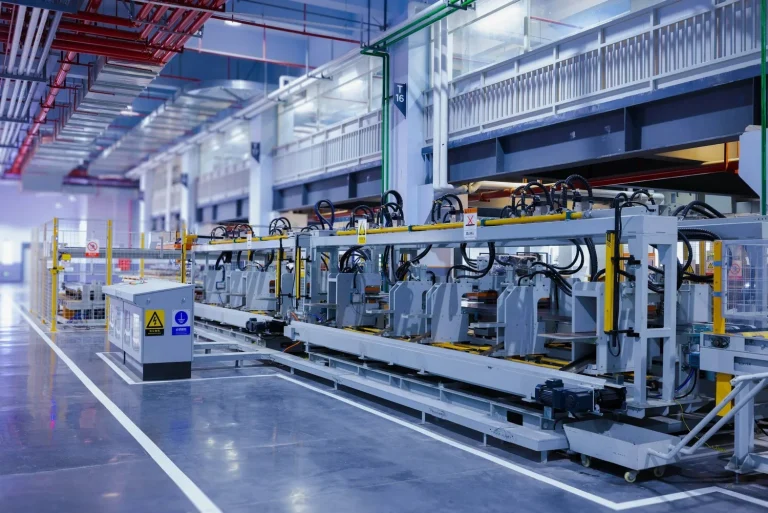 Automated manufacturing line with production equipment, overhead utility services and protected work areas.