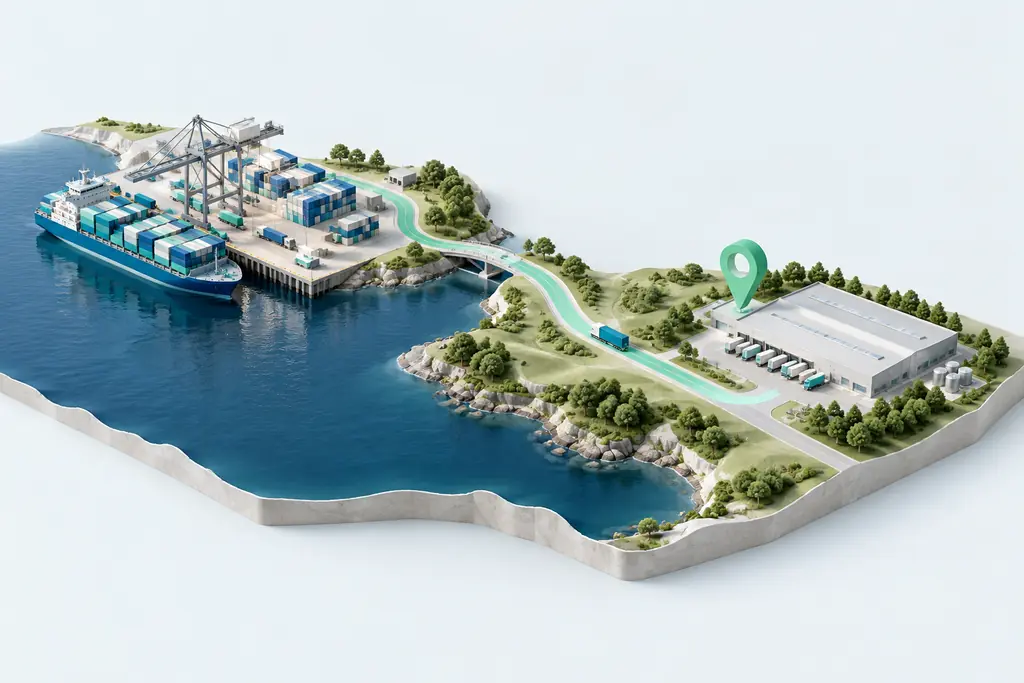 Conceptual illustration connecting a shipping port with a U.S. industrial facility