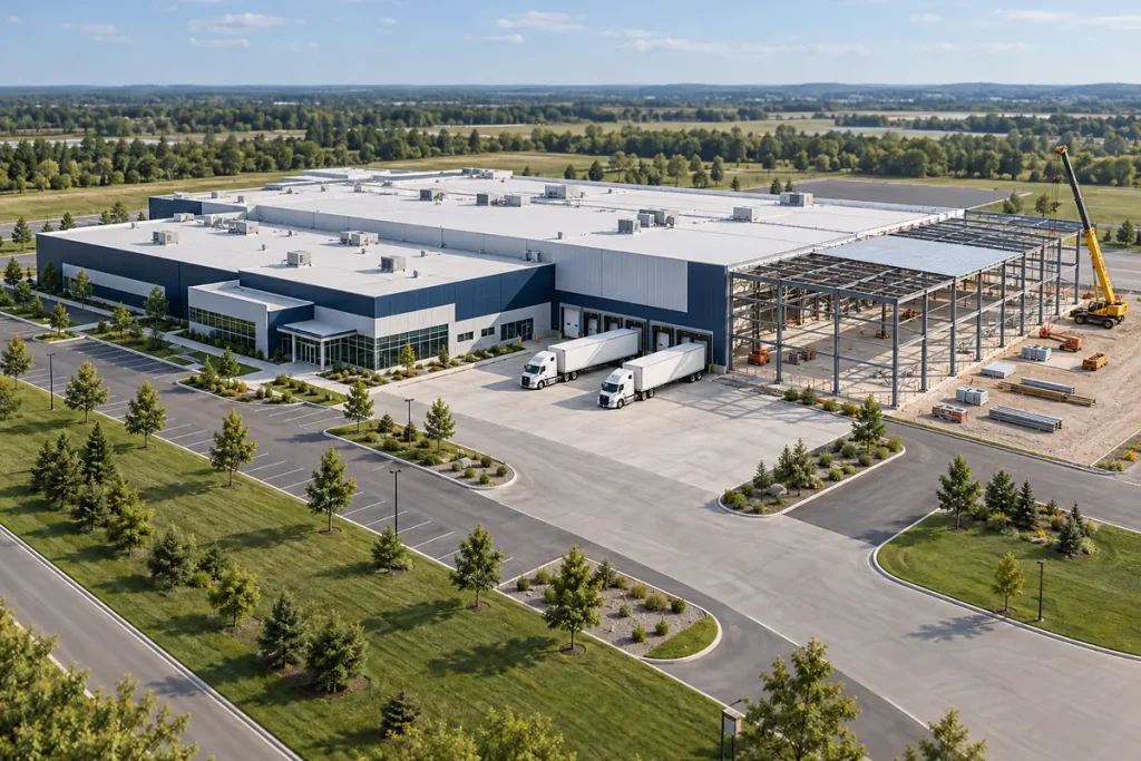 Concept illustration of an operating manufacturing plant with a new building addition under construction.