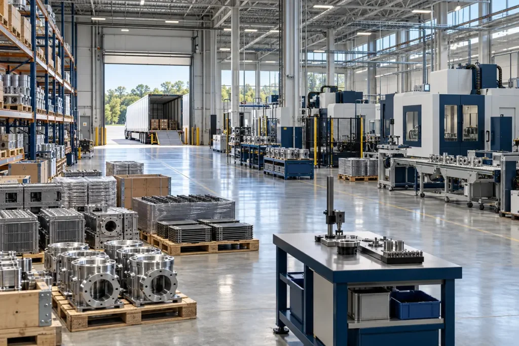 Concept illustration of incoming components, quality inspection, and production equipment inside a manufacturing facility.