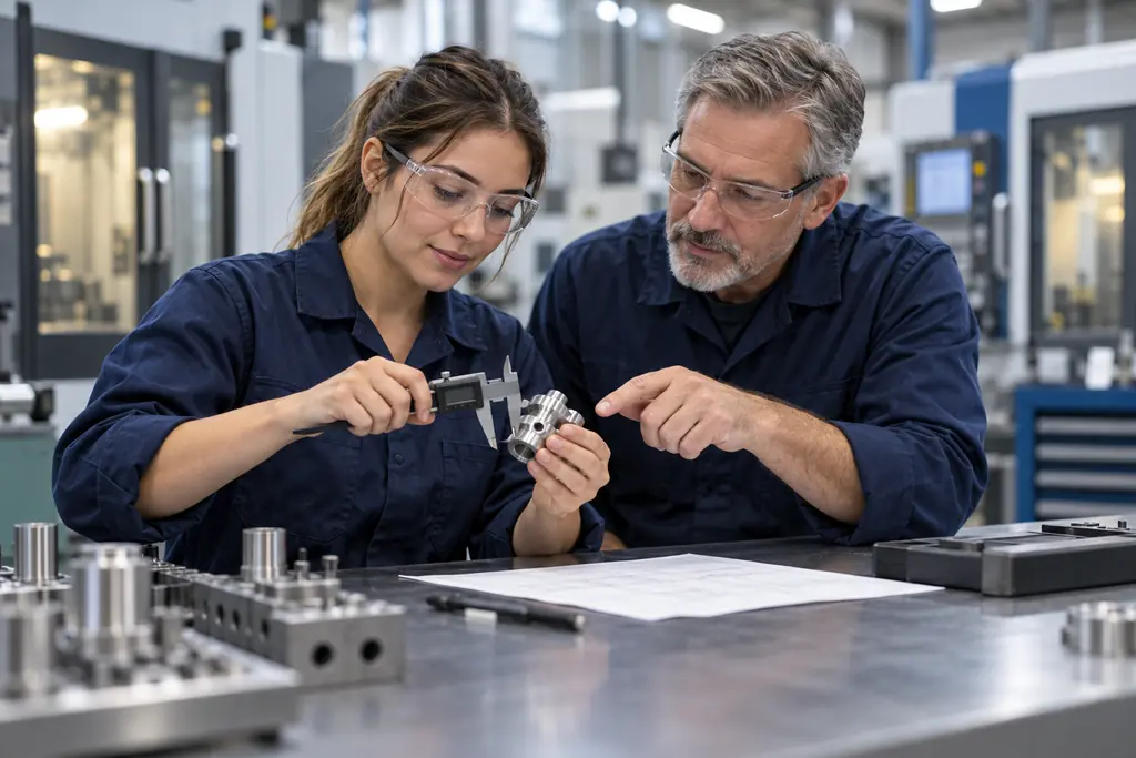 Illustrative manufacturing mentor and apprentice inspecting a machined component in a CNC workshop.