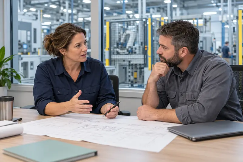 Illustrative scene of manufacturing professionals discussing technical roles and plant operating requirements.