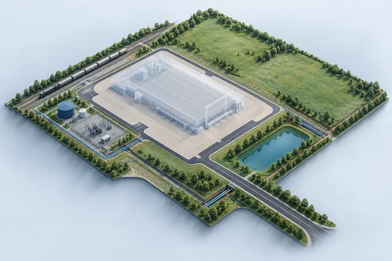 Conceptual manufacturing site with a proposed factory footprint, utility infrastructure, freight access, rail, and land reserved for future expansion