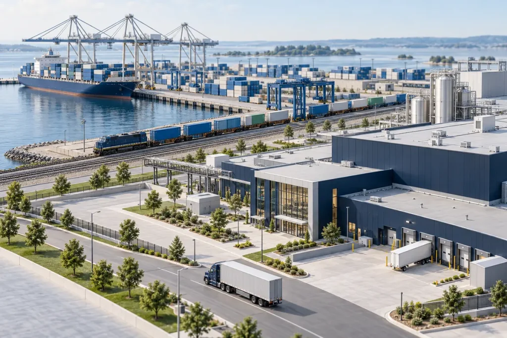 Concept illustration of a manufacturing facility connected to container shipping, freight rail, and truck routes.