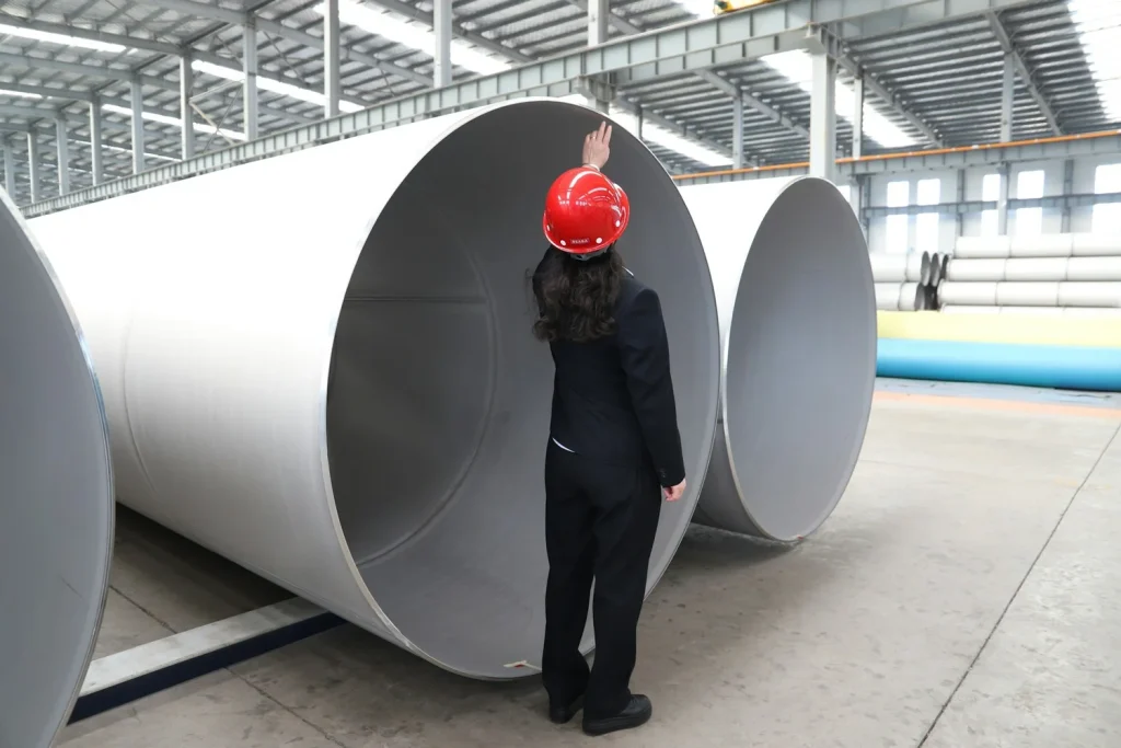 Person wearing a red hard hat beside large metal cylinders inside an industrial building
